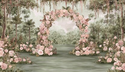 Lush floral archway in a serene jungle scene