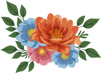 Orange and Blue Flower Bouquet Botanical Illustration