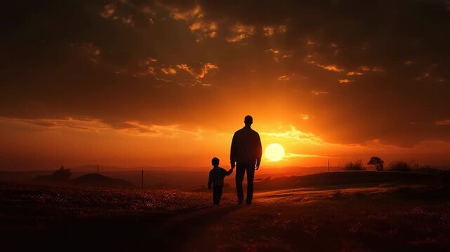 Father and son walk into sunset together