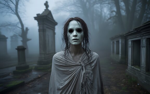 Eerie ghostly figure with hollow eyes and pale face stands in a foggy atmospheric cemetery at twilight
