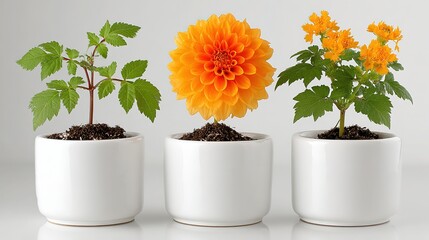 Sustainable planting mini-poster: identical yellow clay pots show sprout → foliage → orange dahlia, central negative space for green tagline, eco-campaign or lookbook