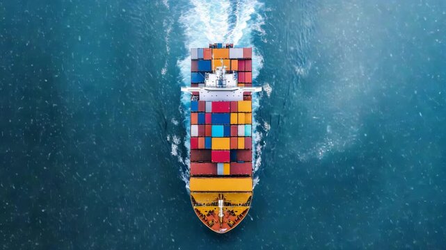 Cargo ship breaking through frozen ocean