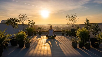 Golden sunrise yoga flow on rooftop with potted plants, a peaceful wellness scene - Powered by Adobe