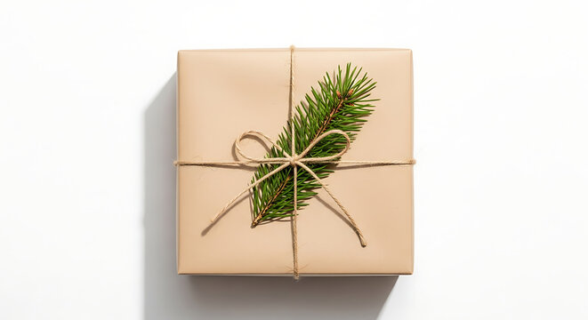 Square gift wrapped in brown paper with twine and a pine sprig on a white surface from an overhead view