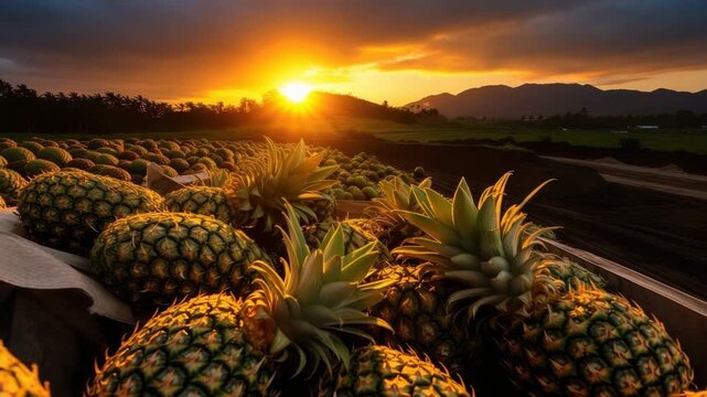Sunrise over ripe pineapple plantation
