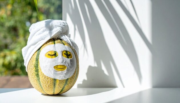 Melon skincare spa treatment with face mask and towel for wellness concept photo