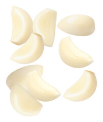 photograph of eight peeled white garlic cloves scattered and floating isolated against a solid transparent background, essential cooking ingredient