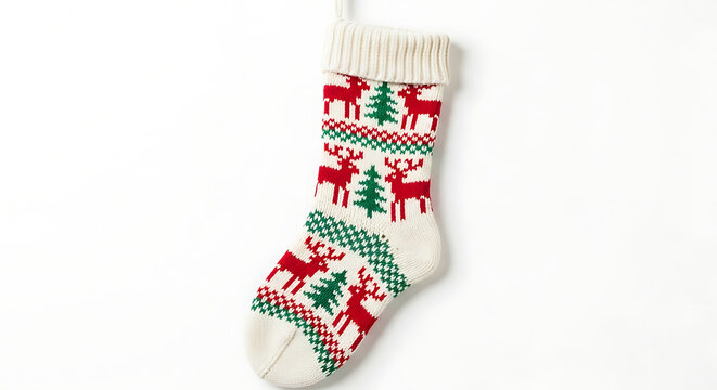 A christmas stocking with a reindeer and christmas tree pattern on a white background isolated shot