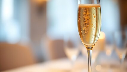  Champagne flute with bubbling liquid, golden bubbles rising in soft light.