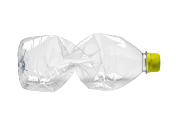 Crumpled clear plastic detergent bottle, vibrant yellow-green screw cap, lying horizontally on a pristine bright white studio background, concept of plastic waste and recycling awareness.