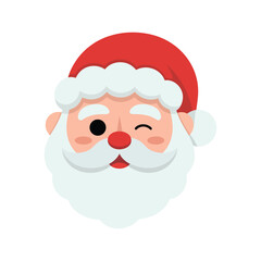 Cute festive Santa Claus face illustration with a cheerful winking expression, fluffy white beard, red hat, and bright holiday colors, perfect for Christmas cards, kids graphics, and seasonal designs.