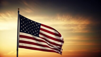 An American flag waves proudly against a warm sunset sky. The stars and stripes billow in the wind, a patriotic scene