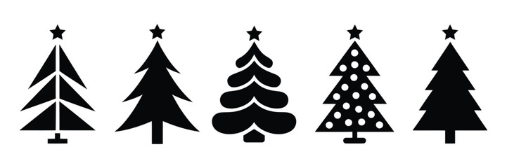 Obraz premium Set of minimalist black silhouette Christmas tree icons featuring various festive shapes and decorative styles, perfect for holiday cards, seasonal branding, winter graphics, and modern design project