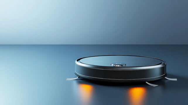 High tech robot vacuum cleaner on blue floor with glowing lights, modern smart cleaning device