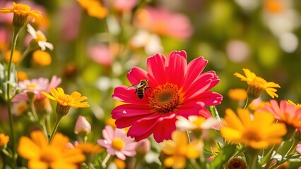 A vibrant artificial flower among real blossoms with a bee approaching in a garden.