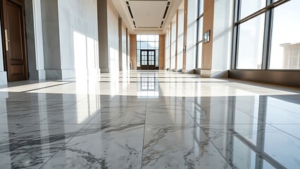  A polished marble floor reflecting window light at the end of a corridor. 