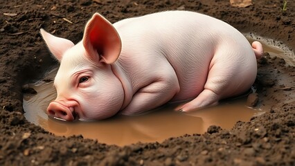 Pink pig rolling in mud puddle, round body covered in wet soil, natural outdoor setting. 