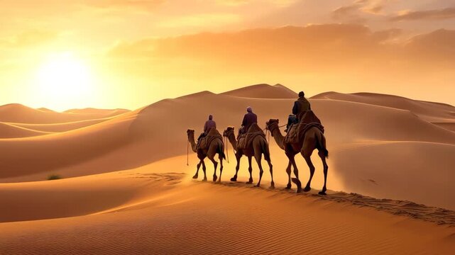 Camel caravan crossing desert during sunset
