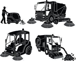 Street sweeper vehicle silhouettes vector set with cleaning machines and operator
