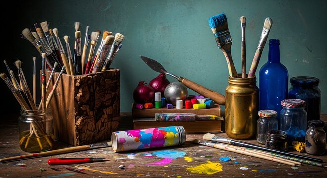 An artist's workspace with brushes, paint tubes, jars, and a colorful, splattered table.