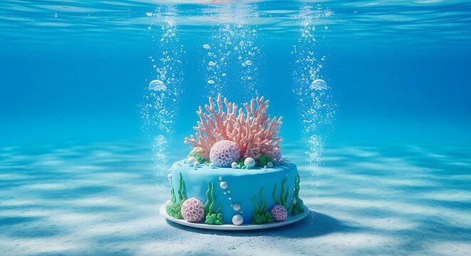 Underwater cake with coral and bubbles in a clear blue sea.