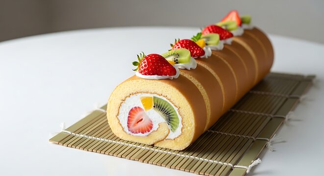 A delicious fruit roll cake filled with cream, strawberries, kiwi, and mango, garnished with fresh fruit on a bamboo mat.