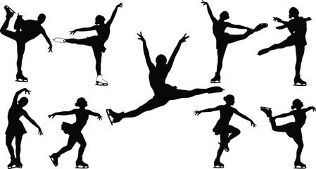 Female Skaters in Dynamic Jumps, Spins, and Elegant Poses for Winter Sports and Ice Rink Graphics