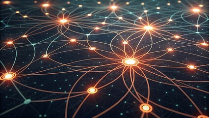 Abstract network background with glowing orange nodes and curved connection lines.