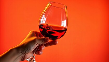 Hand holding wine glass, red liquid swirling inside, rich, alcohol