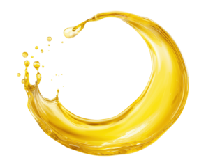 Dynamic yellow oil splash forming circular wave shape with flowing motion, isolated on transparent background