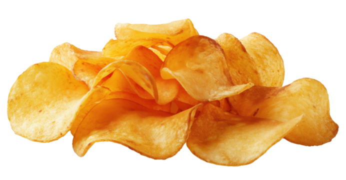 Scattered arrangement of crispy golden potato chips, isolated on transparent background