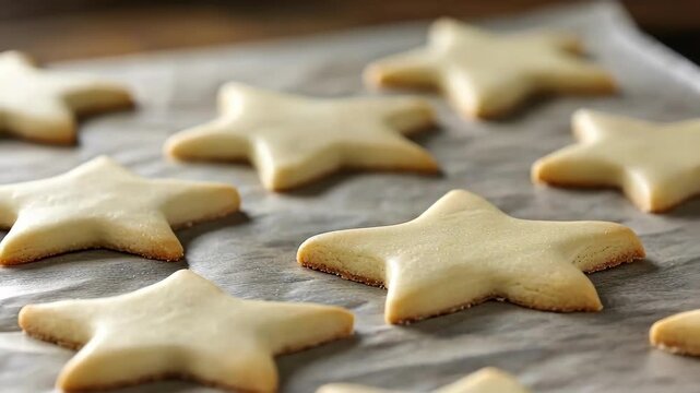 Freshly baked star-shaped cookies on a baking sheet, ready to be decorated.
