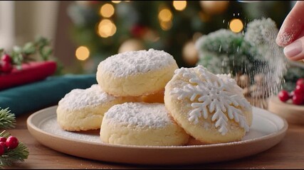 Adding powdered sugar to holiday cookies creates a festive scene, perfect for baking tutorials or holiday recipe videos, capturing the warmth of the season