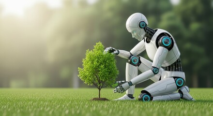Robotic caretaker tending to a sapling symbolizing technological integration with nature