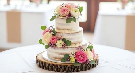 Elegant three-tiered naked wedding cake adorned with fresh pink and white flowers and green foliage, presented on a rustic wooden log stand.
