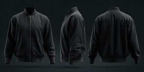 Stylish photo of dark bomber jacket template, multiple angles for design presentation