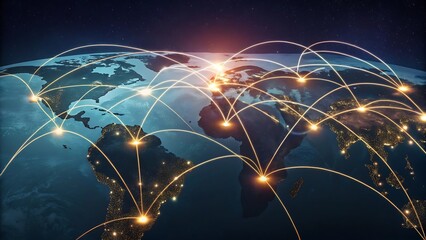 Global network connection concept with glowing data lines over planet Earth.