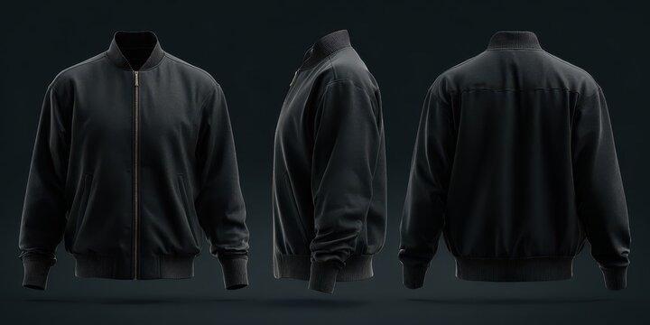 Stylish photo of dark bomber jacket template, multiple angles for design presentation
