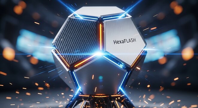 Abstract geometric hexagon shape with neon lights and energy effects - Powered by Adobe