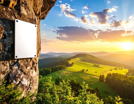 Blank sign affixed to rocky cliff overlooking verdant hills at sunset