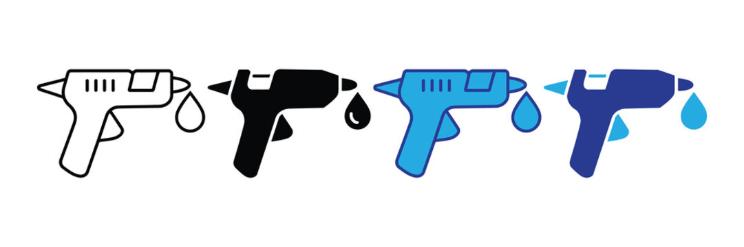 Set of four icons representing glue guns with dripping hot melt adhesive, displayed in outline, solid black, and two shades of blue for versatile design applications.