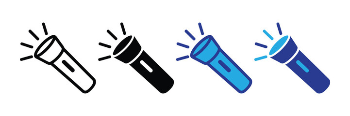 Set of four flashlight icons in outline, solid black, blue, and dark blue styles, emitting light rays, perfect for search and rescue or exploration themes.