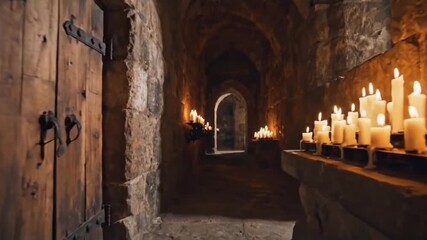 An atmospheric candlelit tunnel within ancient architecture. Explore a mysterious pathway of history. A narrow passage with a rustic wooden door on the left and a stone alcove to the right. - Powered by Adobe
