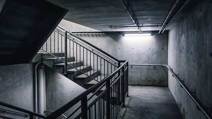 Dark and stark concrete stairwell with metal railings leading down into a dimly lit basement hallway.