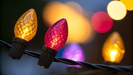 Christmas lights magical nightscape of multi-colored string lights glowing with warm glowing bokeh in background