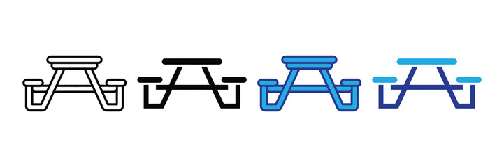 Collection of picnic table icons, isolated on white background: outline, solid black, and blue line art styles for versatile design applications
