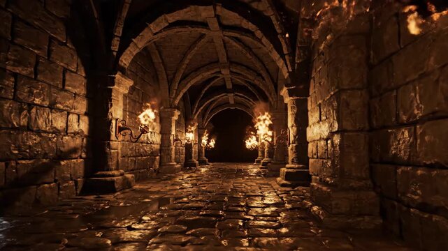 Stone dungeon corridor lit by torches.