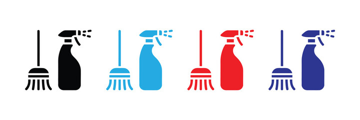 Set of cleaning icons including spray bottles and brooms in black, blue, red, and purple, symbolizing household chores and hygiene practices