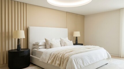 Fototapeta premium Minimalist Bedroom Interior with White Ribbed Headboard Neutral Tones Contemporary