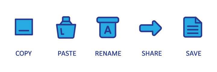 Fototapeta premium Collection of blue icons representing file operations: copy, paste, rename, share, and save. isolated graphic.
